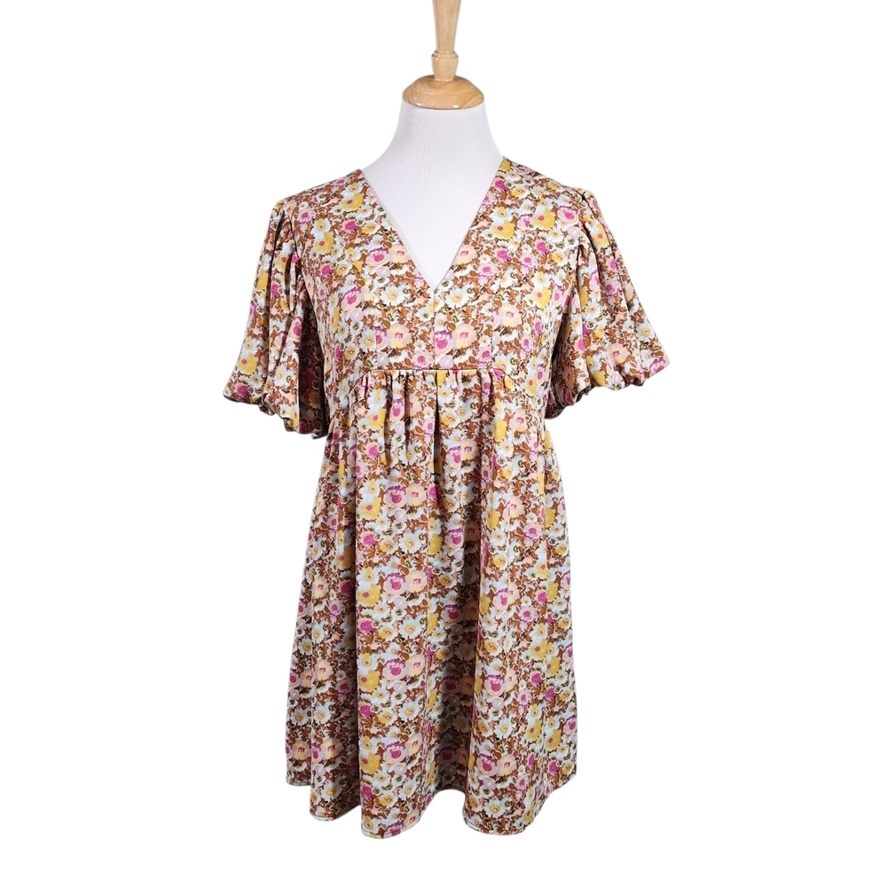 Entro Floral V-Neck Puff Sleeve Babydoll Mini Dress, Sz M